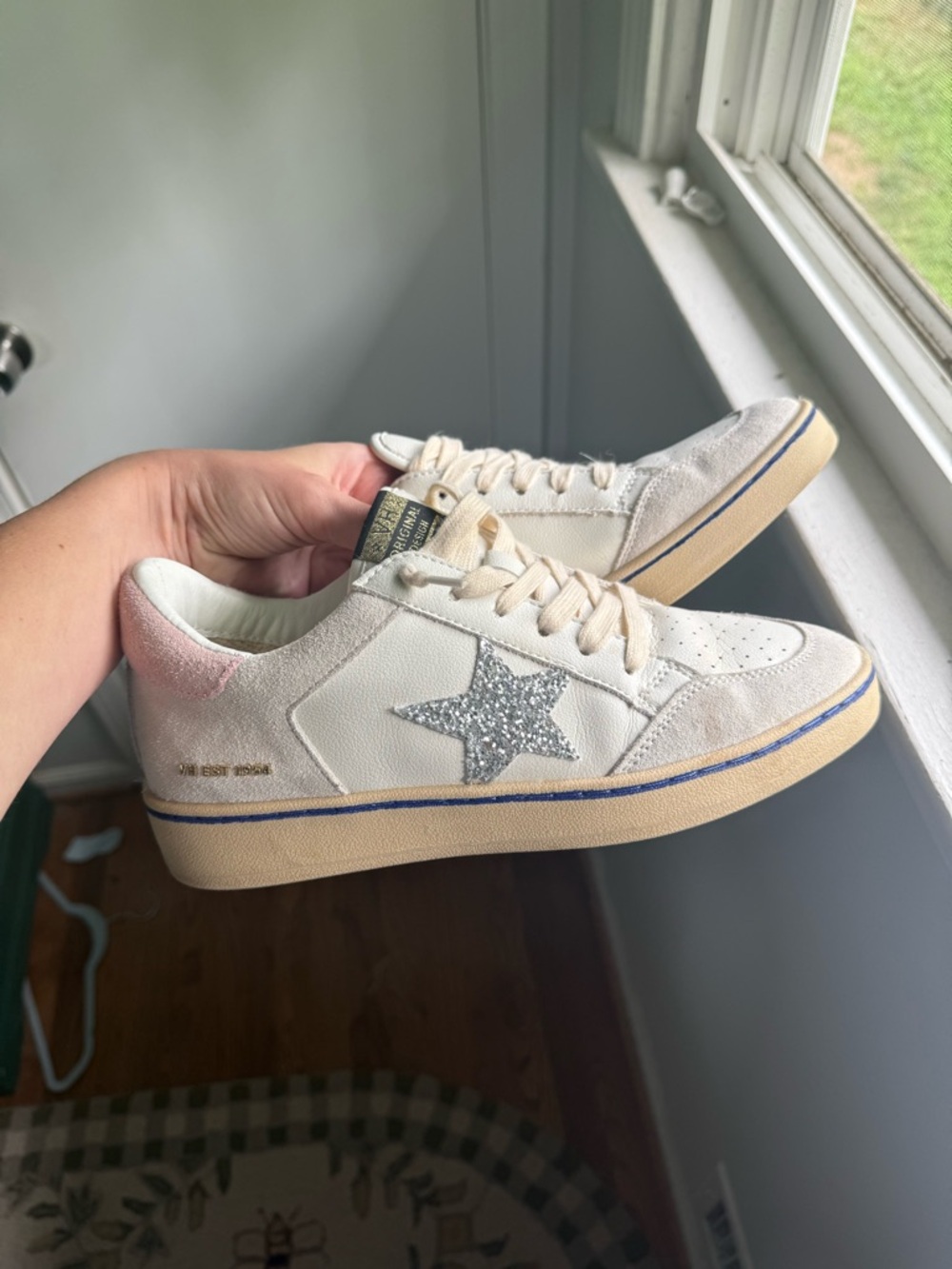 Vintage Havana Cream Sneakers with Silver Glitter Star and Pink Heel